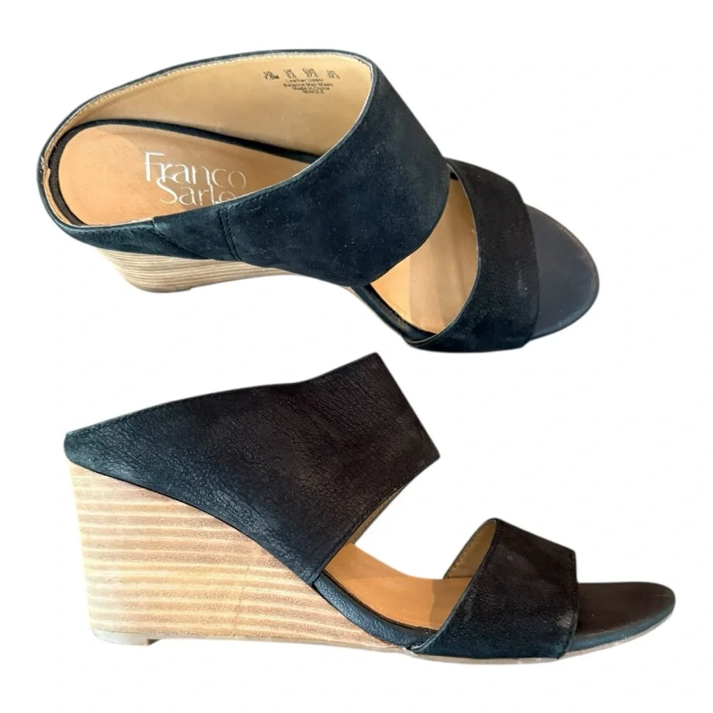 Franco Sarto Women’s Mingle Black Wedge Sandals Size 7.5 Leather Casual Party
